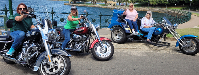 The friends 70th birthday tour around Sydney was such a lot of fun. They went on a trike and Harleys and loved the experience.