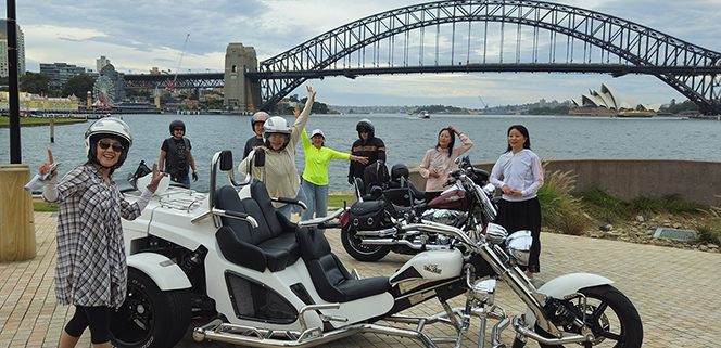 Our Chinese tourists loved the trike and Harley ride in Sydney.